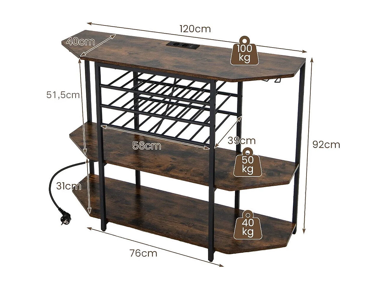 3-stufiges Industrielles Weinregal mit Steckdosen & Flaschenregal & Glashaltern Weinbarschrank Braun