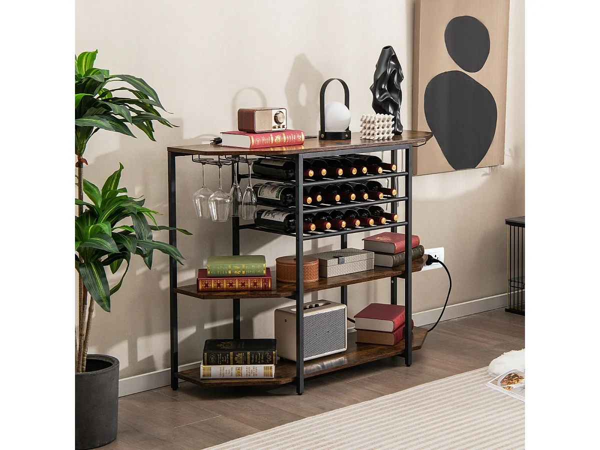 3-stufiges Industrielles Weinregal mit Steckdosen & Flaschenregal & Glashaltern Weinbarschrank Braun