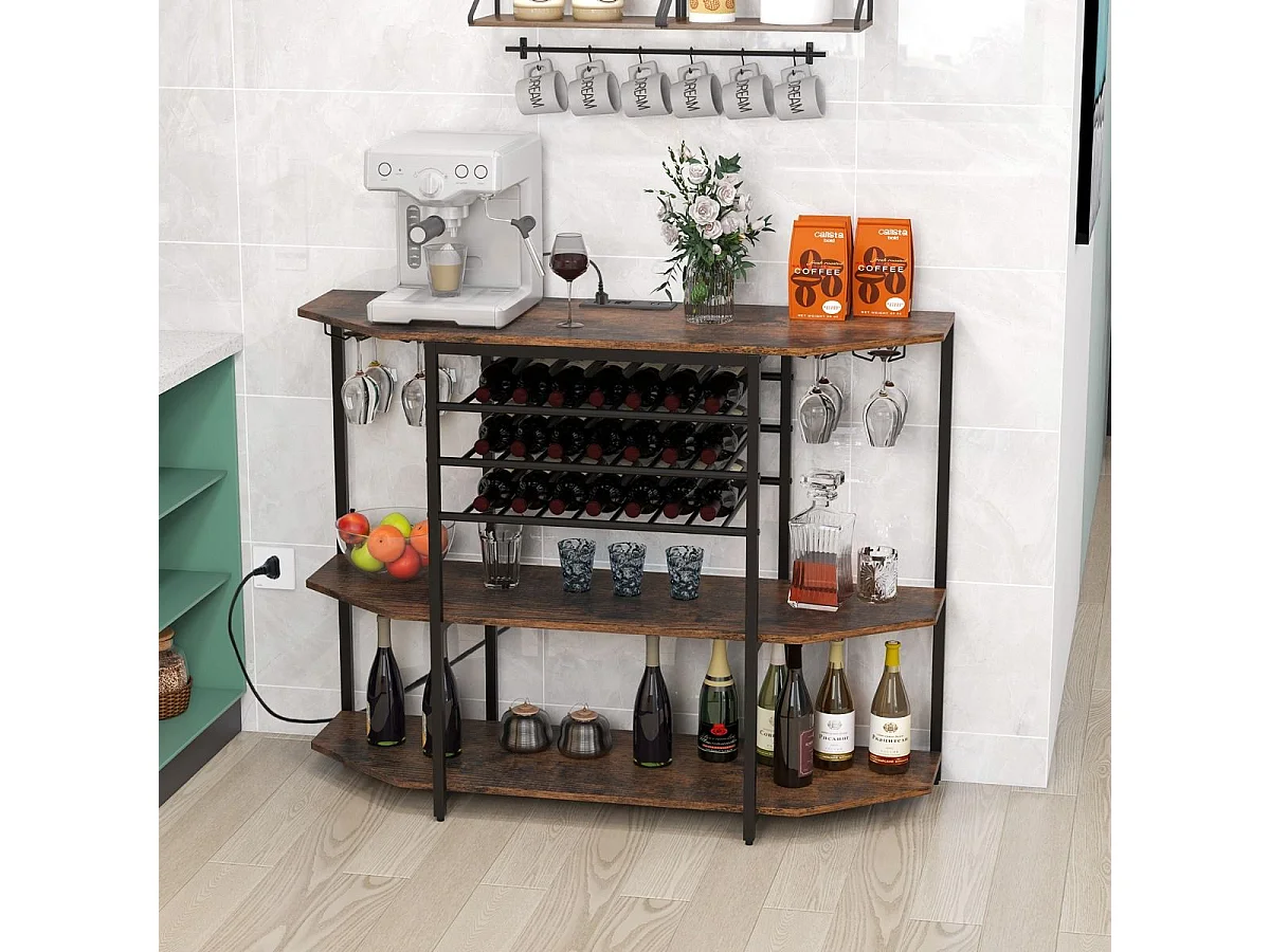 3-stufiges Industrielles Weinregal mit Steckdosen & Flaschenregal & Glashaltern Weinbarschrank Braun
