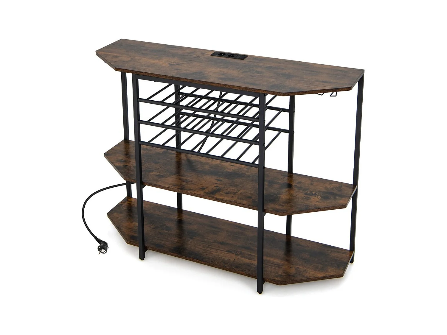 3-stufiges Industrielles Weinregal mit Steckdosen & Flaschenregal & Glashaltern Weinbarschrank Braun