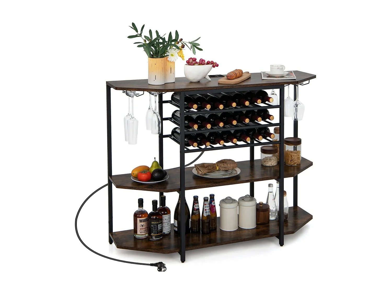 Casier à Vin Industriel à 3 Niveaux avec Étagères de Rangement Supports en Verre Casiers à Bouteilles Prises de Courant pour Salon Cuisine Café