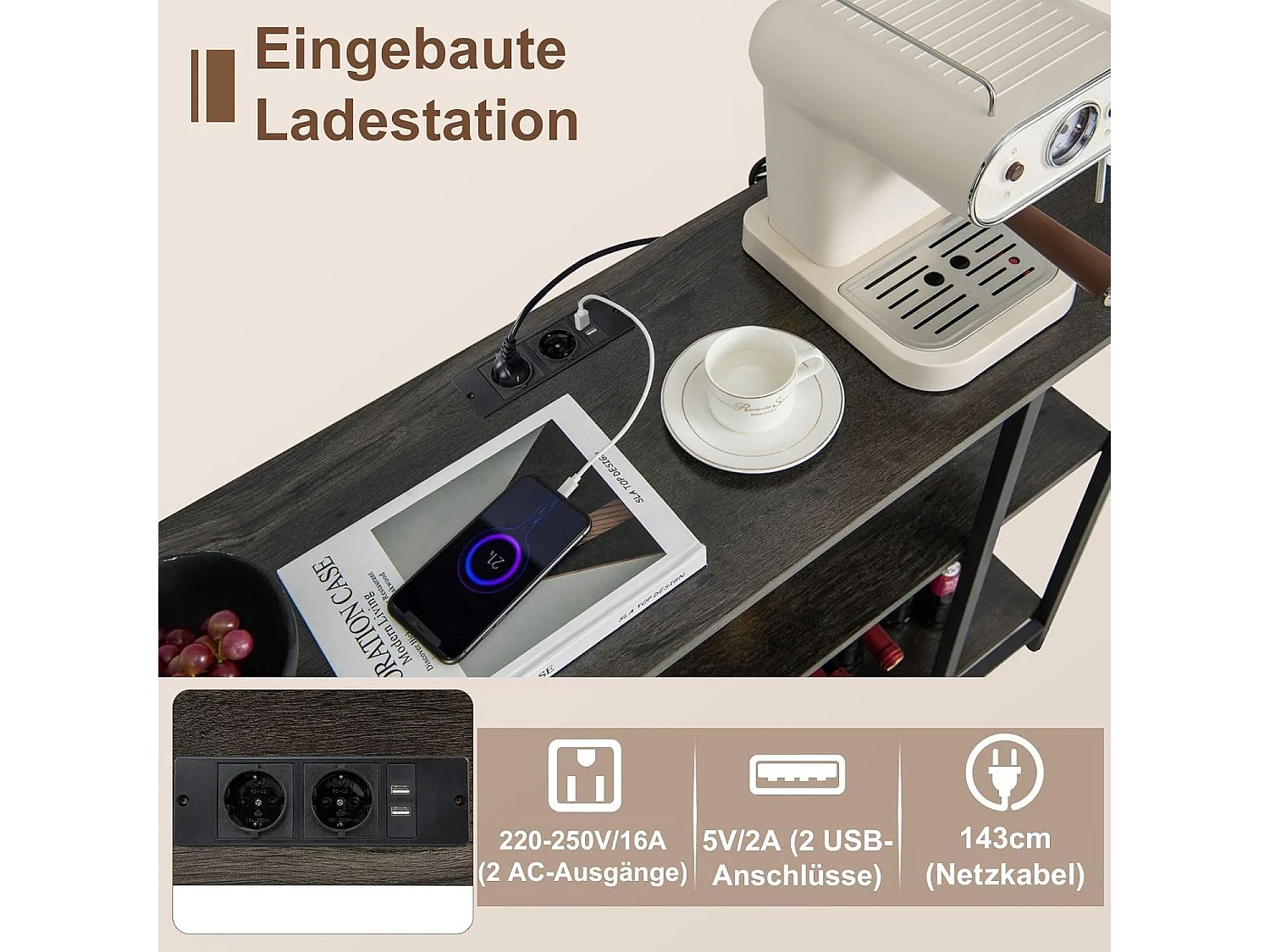 Weinregal mit Glashalter & Regalen, 3 Ebenen Flaschenregal mit Steckdosen, für 15 Weinflaschen,Weinschrank für Zuhause, Küche, Bar, 113 x 35 x 85 cm(Grau) VH33364