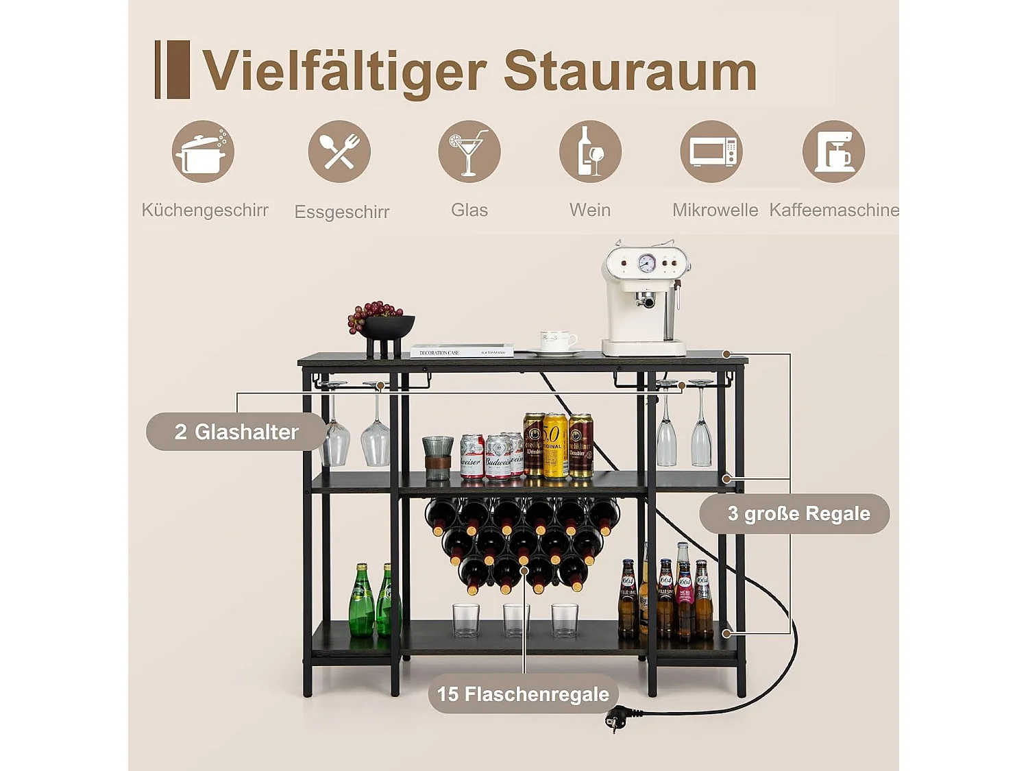 Weinregal mit Glashalter & Regalen, 3 Ebenen Flaschenregal mit Steckdosen, für 15 Weinflaschen,Weinschrank für Zuhause, Küche, Bar, 113 x 35 x 85 cm(Grau) VH33364