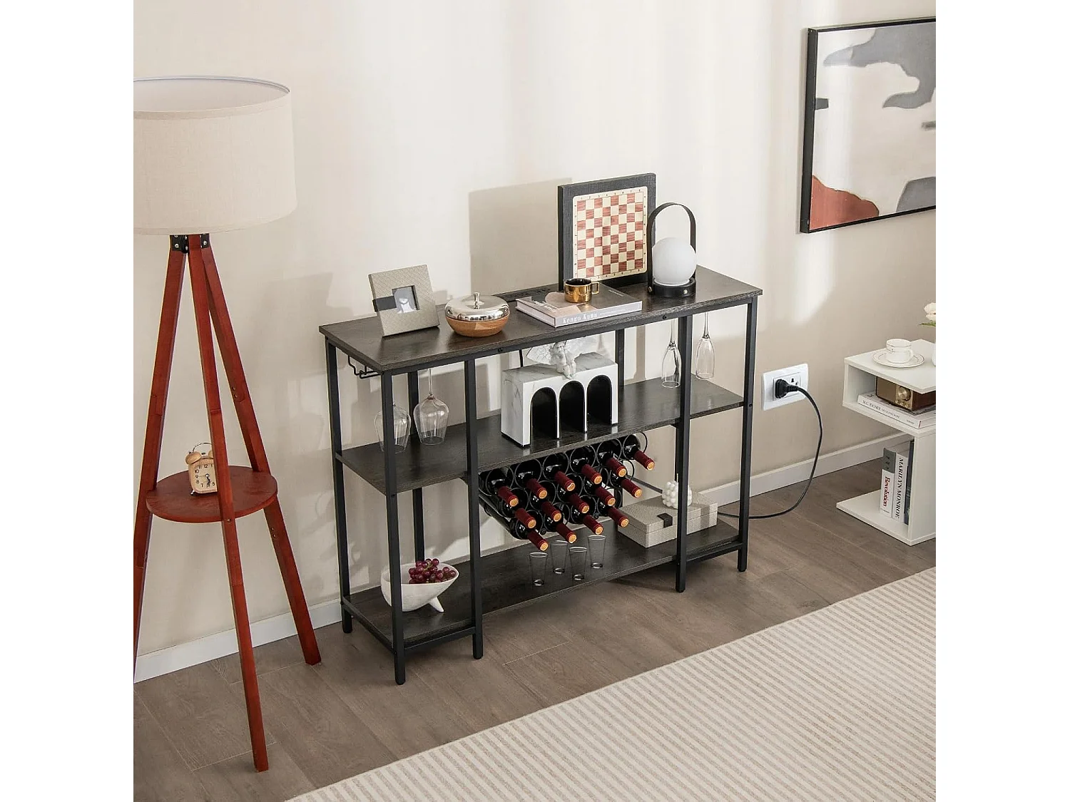 Weinregal mit Glashalter & Regalen, 3 Ebenen Flaschenregal mit Steckdosen, für 15 Weinflaschen,Weinschrank für Zuhause, Küche, Bar, 113 x 35 x 85 cm(Grau) VH33364