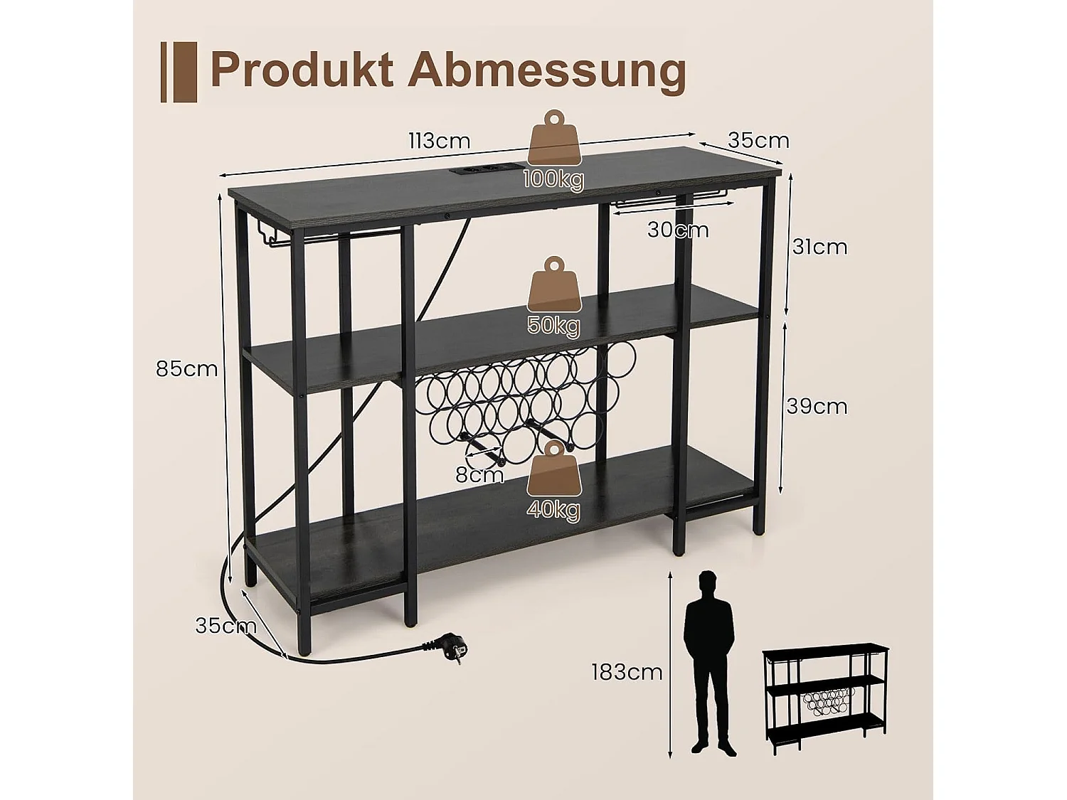 Weinregal mit Glashalter & Regalen, 3 Ebenen Flaschenregal mit Steckdosen, für 15 Weinflaschen,Weinschrank für Zuhause, Küche, Bar, 113 x 35 x 85 cm(Grau) VH33364