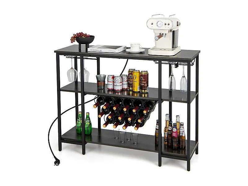 Weinregal mit Glashalter & Regalen, 3 Ebenen Flaschenregal mit Steckdosen, für 15 Weinflaschen,Weinschrank für Zuhause, Küche, Bar, 113 x 35 x 85 cm(Grau) VH33364