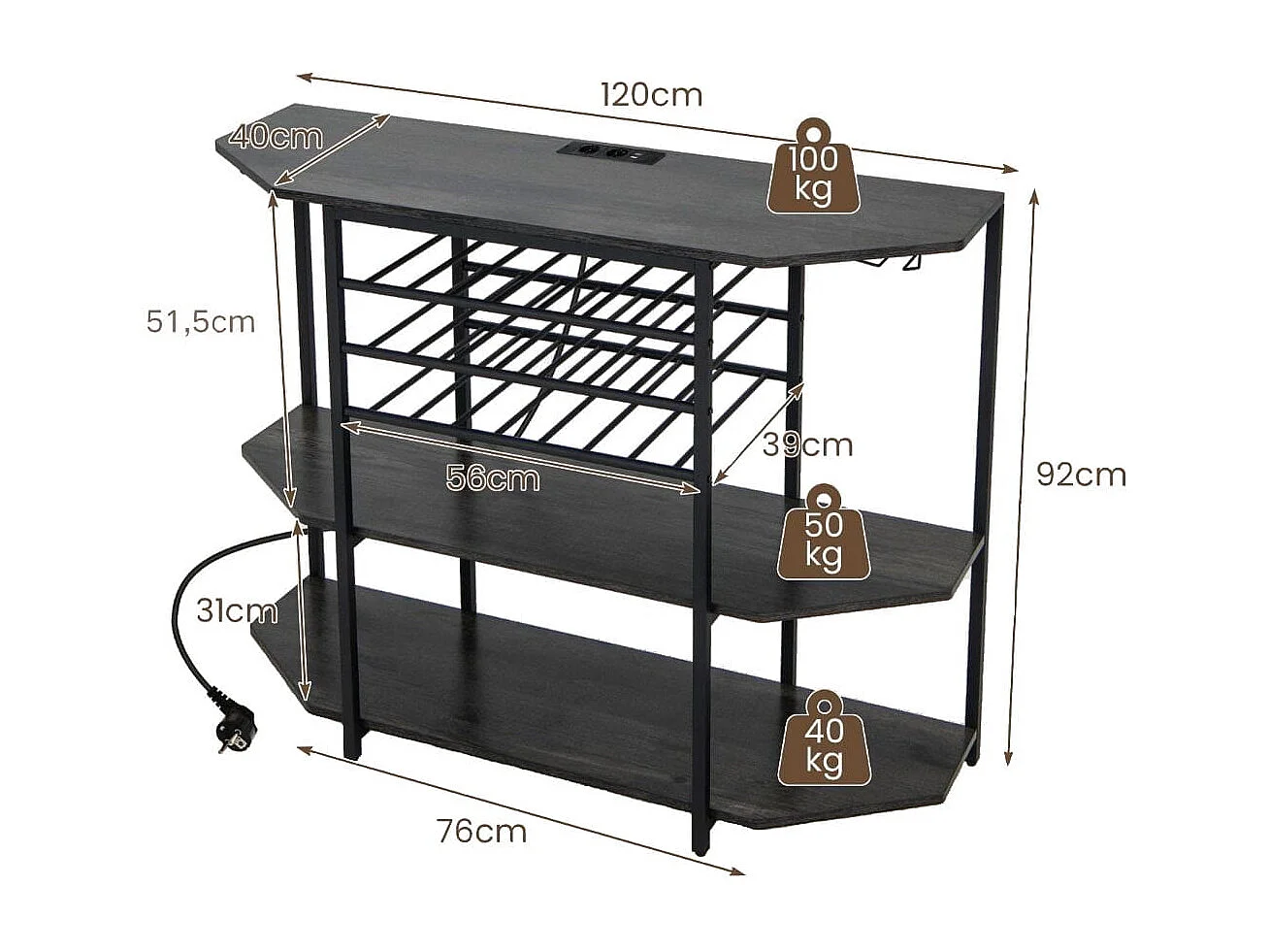 3-stufiges Industrielles Weinregal mit Steckdosen & Flaschenregal & Glashaltern Weinbarschrank Grau