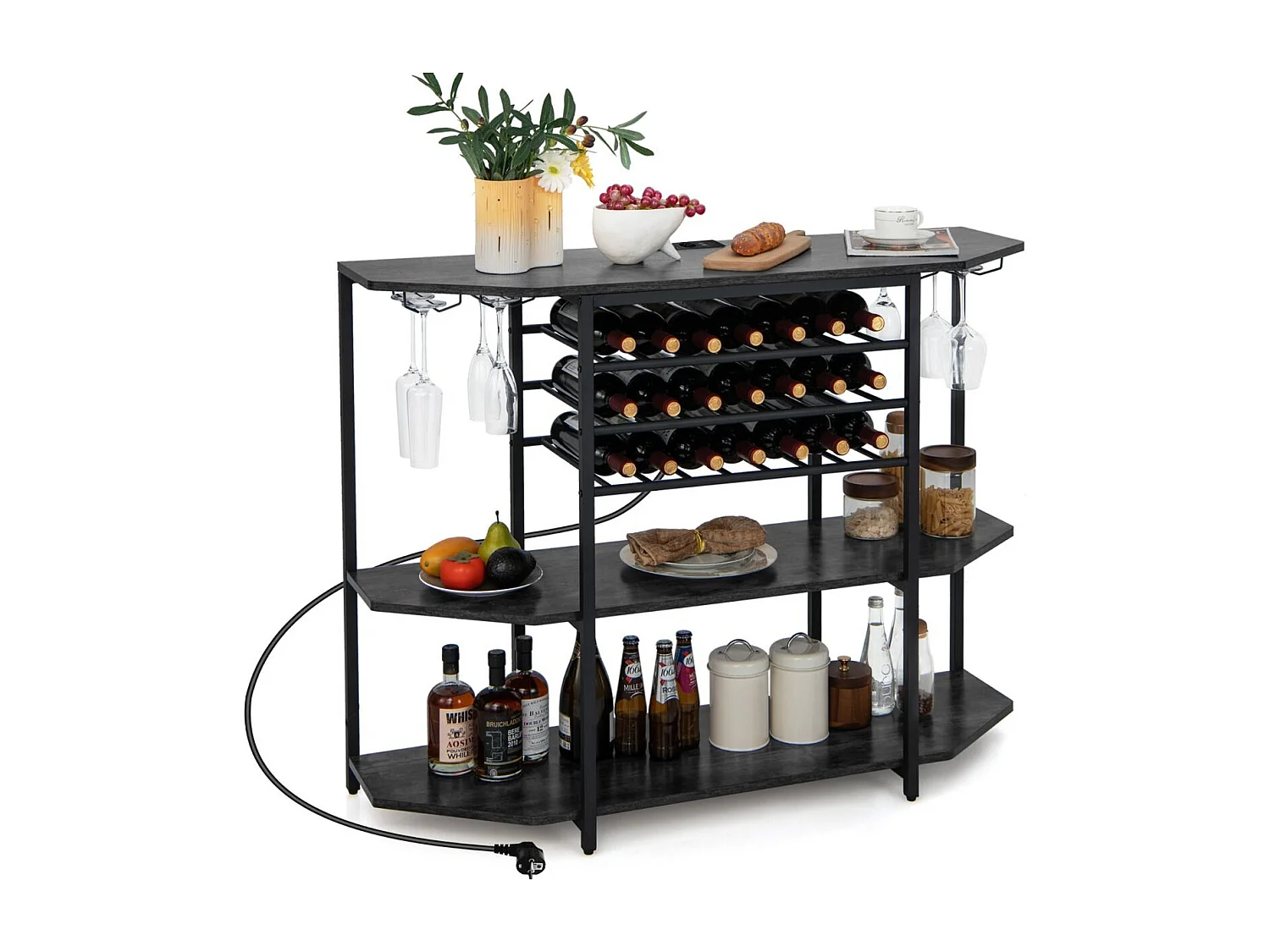 3-stufiges Industrielles Weinregal mit Steckdosen & Flaschenregal & Glashaltern Weinbarschrank Grau