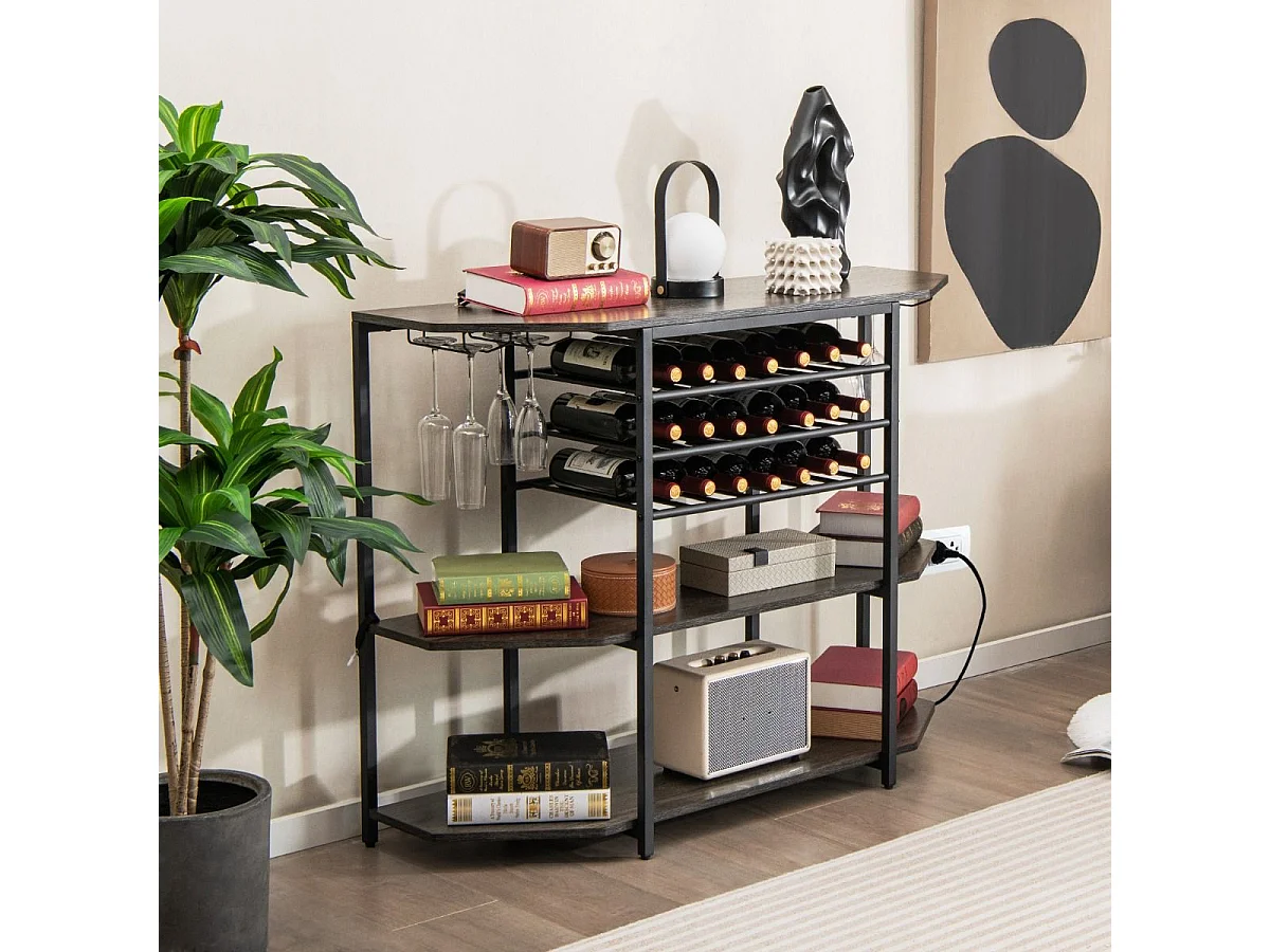 3-stufiges Industrielles Weinregal mit Steckdosen & Flaschenregal & Glashaltern Weinbarschrank Grau