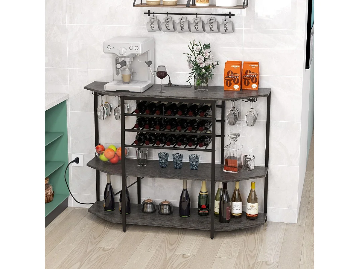 3-stufiges Industrielles Weinregal mit Steckdosen & Flaschenregal & Glashaltern Weinbarschrank Grau