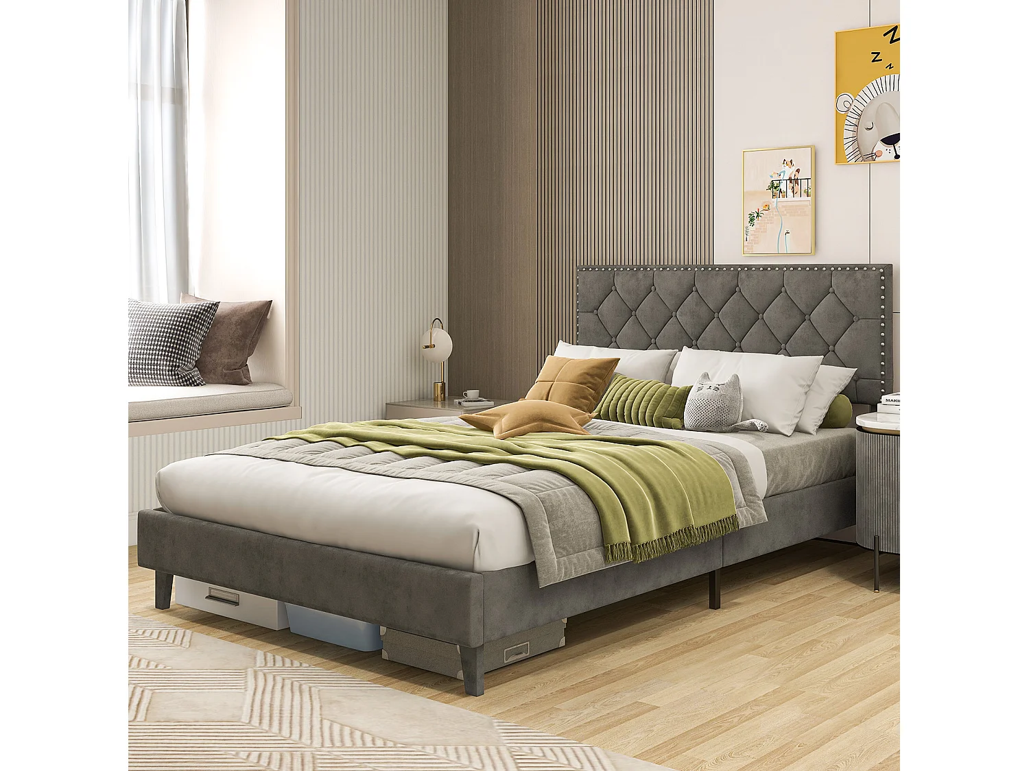 Polsterbett 200 x 140 cm, Doppelbett mit Lattenrost & Kopfteil, Gepolstertes Bettrahmen Bettgestell, Plattformbett für Erwachsene & Jugendliche TG32502