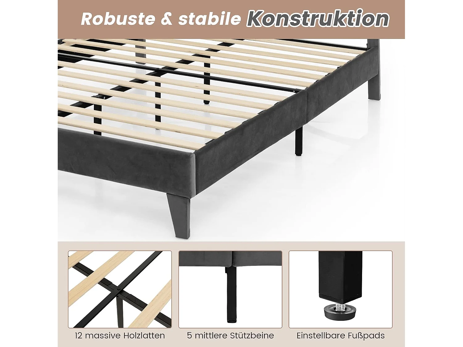 Polsterbett 200 x 140 cm, Doppelbett mit Lattenrost & Kopfteil, Gepolstertes Bettrahmen Bettgestell, Plattformbett für Erwachsene & Jugendliche TG32502