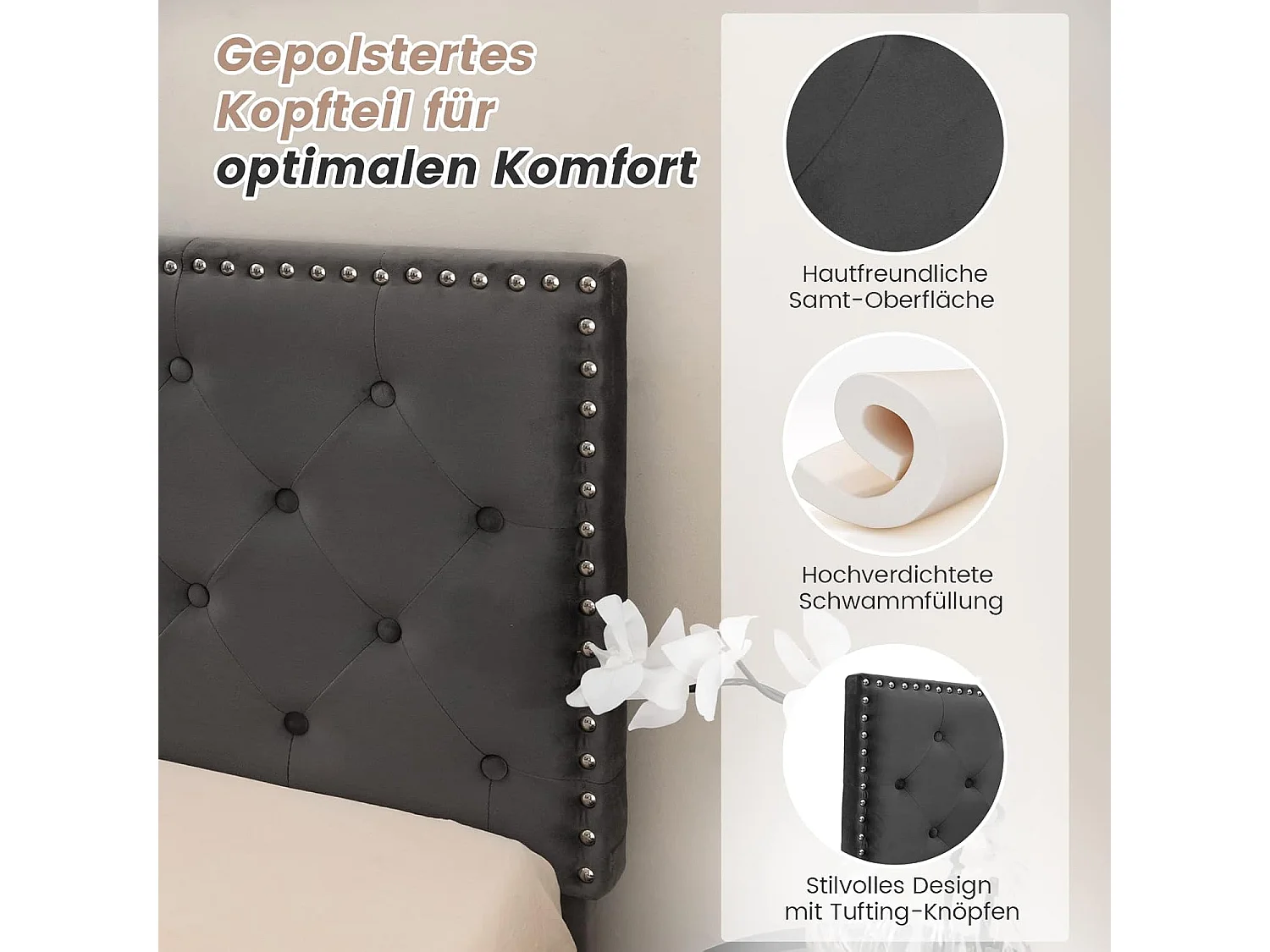 Polsterbett 200 x 140 cm, Doppelbett mit Lattenrost & Kopfteil, Gepolstertes Bettrahmen Bettgestell, Plattformbett für Erwachsene & Jugendliche TG32502