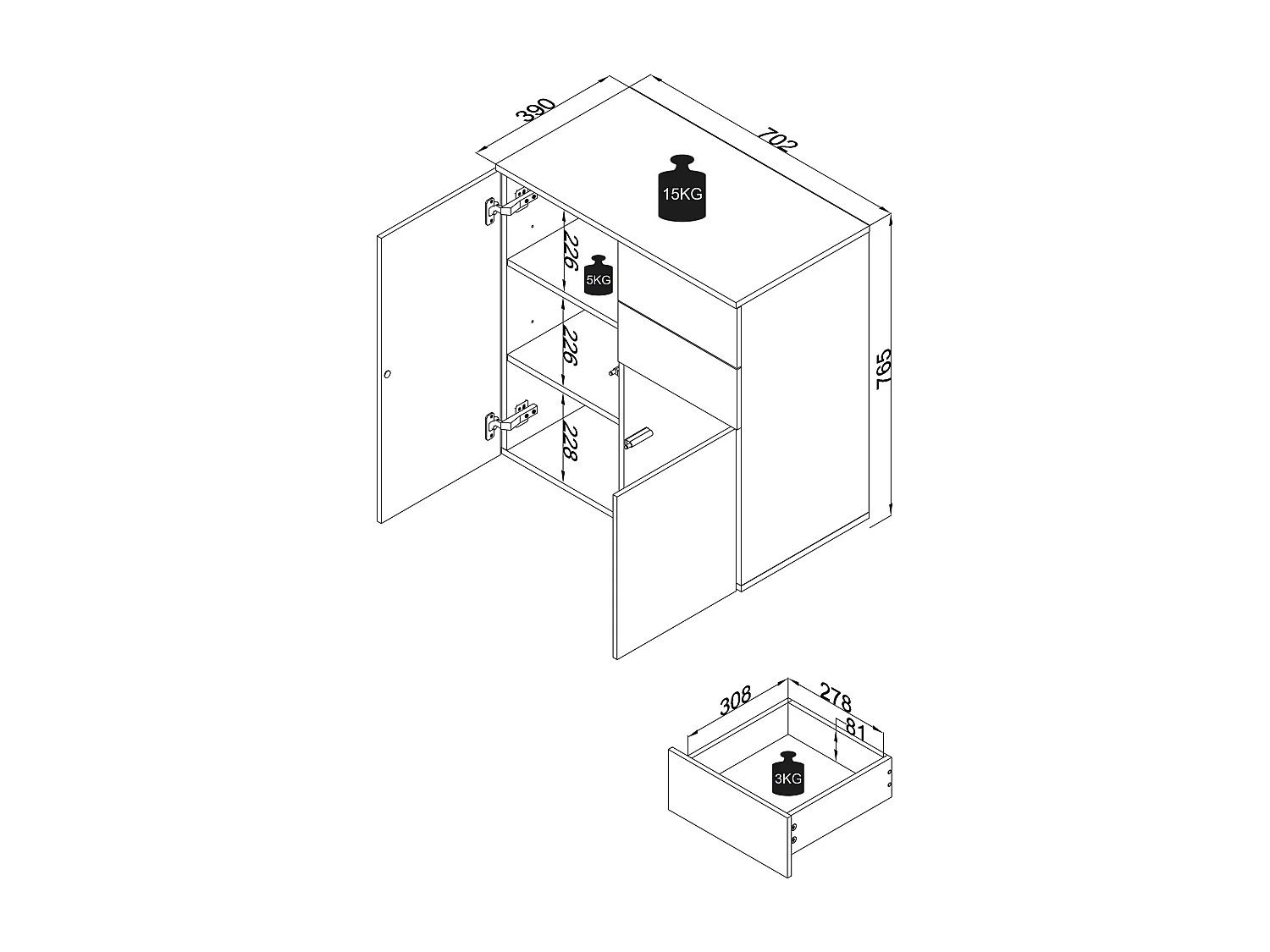 Cómoda de madeira VCM | aparador com 2 portas de batente e duas gavetas | dimensões H. 77 x L. 70 x P. 39cm - Dalosa (antracite / carvalho mel)
