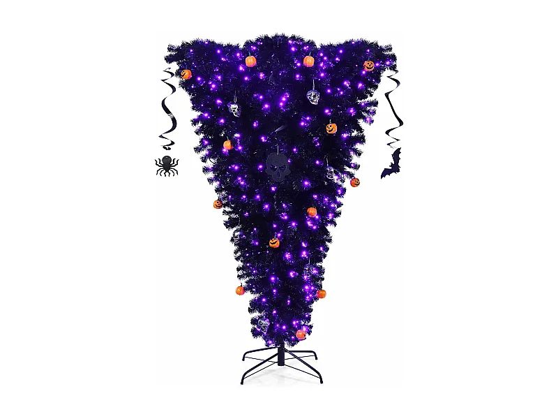 180cm Weihnachtsbaum mit 270 lila Leuchten und Dekorationen, Tannenbaum Kopfüber für Halloween schwarz