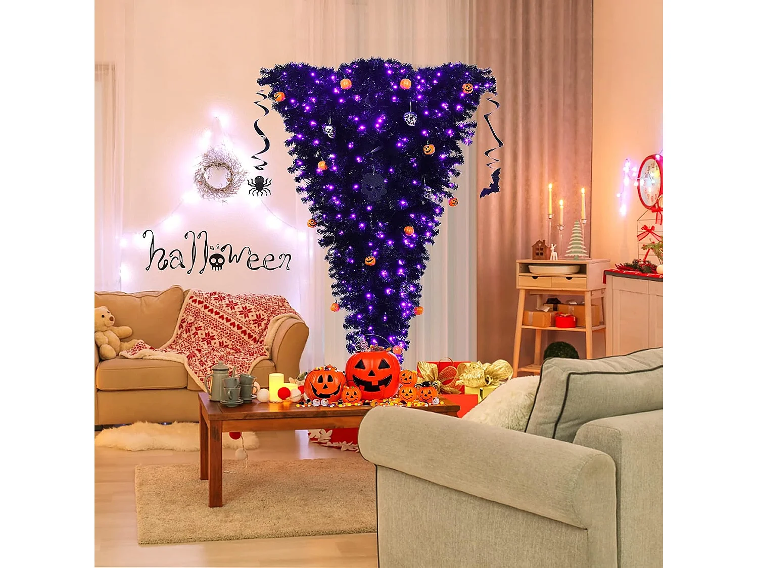 180cm Weihnachtsbaum mit 270 lila Leuchten und Dekorationen, Tannenbaum Kopfüber für Halloween schwarz