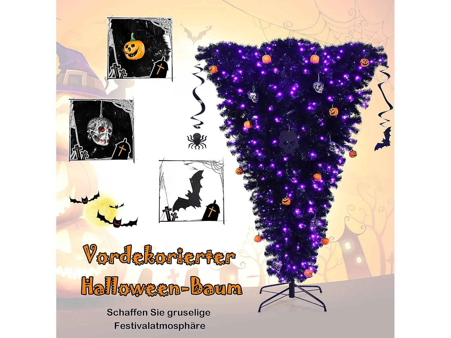 180cm Weihnachtsbaum mit 270 lila Leuchten und Dekorationen, Tannenbaum Kopfüber für Halloween schwarz