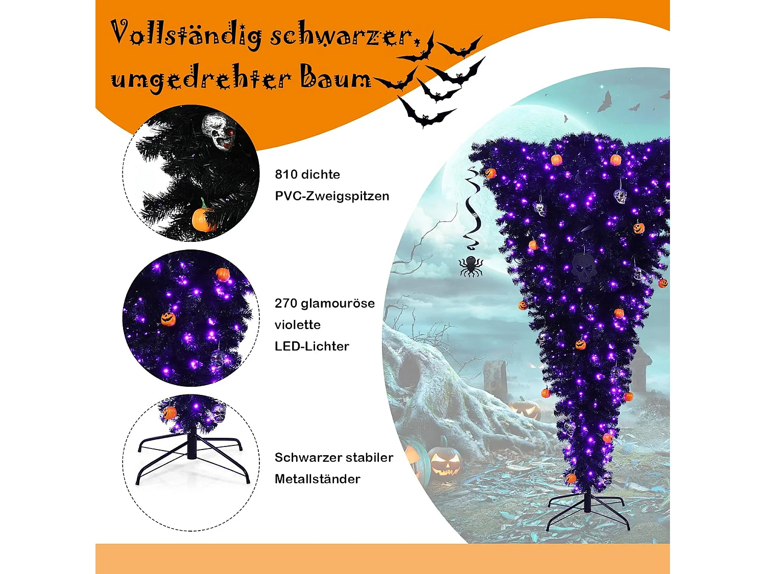 180cm Weihnachtsbaum mit 270 lila Leuchten und Dekorationen, Tannenbaum Kopfüber für Halloween schwarz