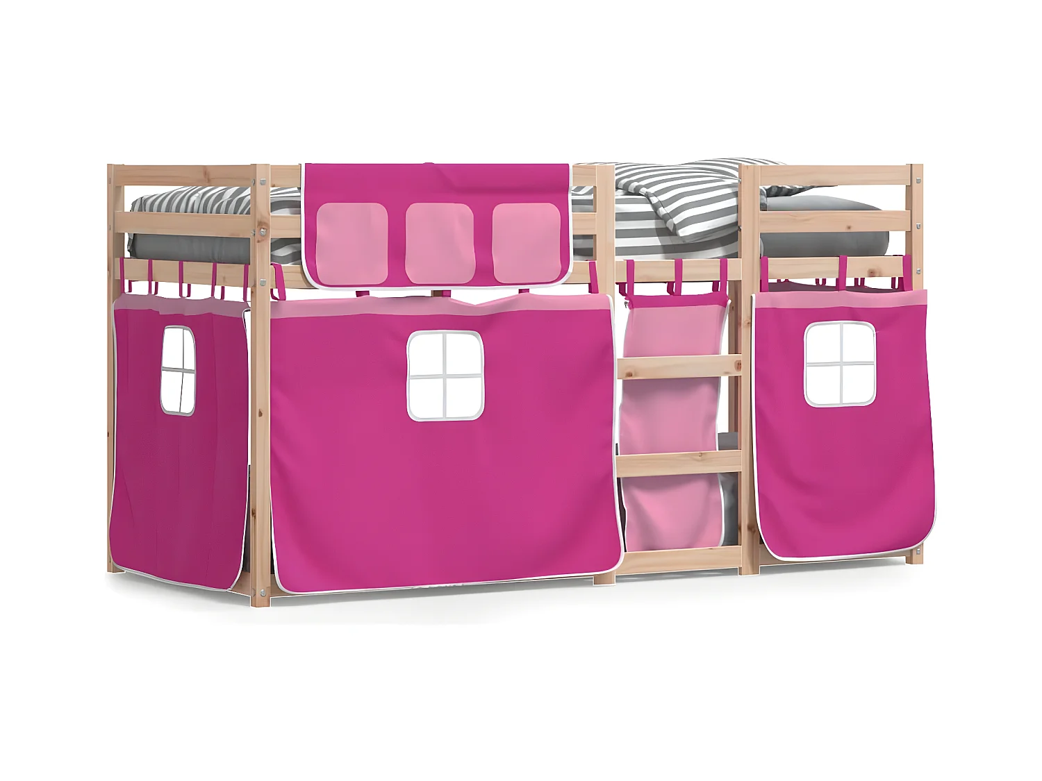 Lit superposé avec rideaux rose 90x190 cm bois pin massif
