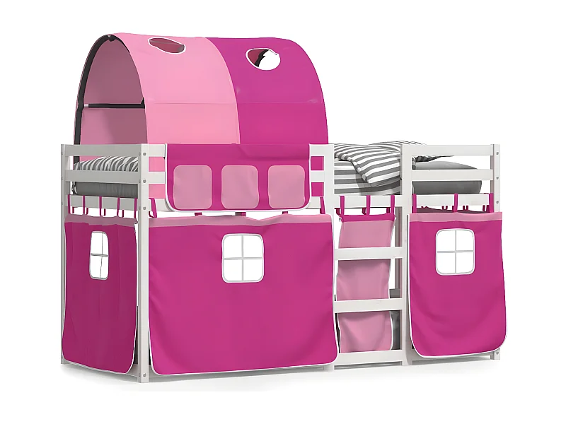 Lit superposé avec rideaux rose 90x190 cm bois pin massif
