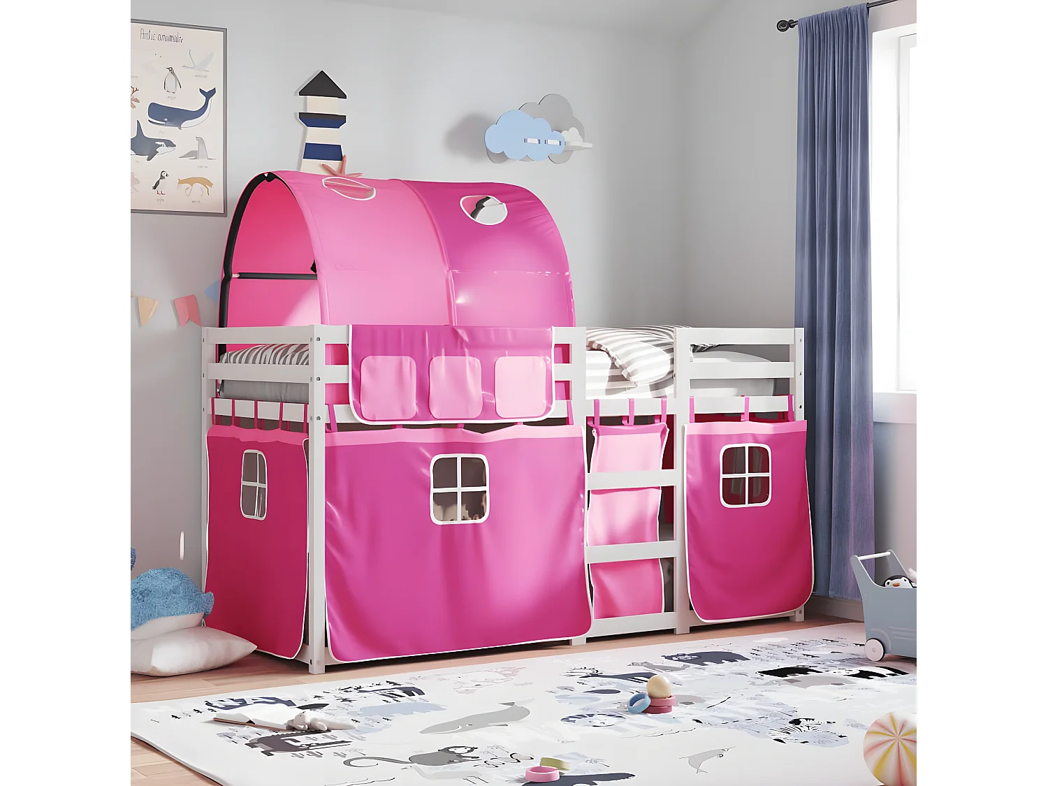 Lit superposé avec rideaux rose 90x190 cm bois pin massif