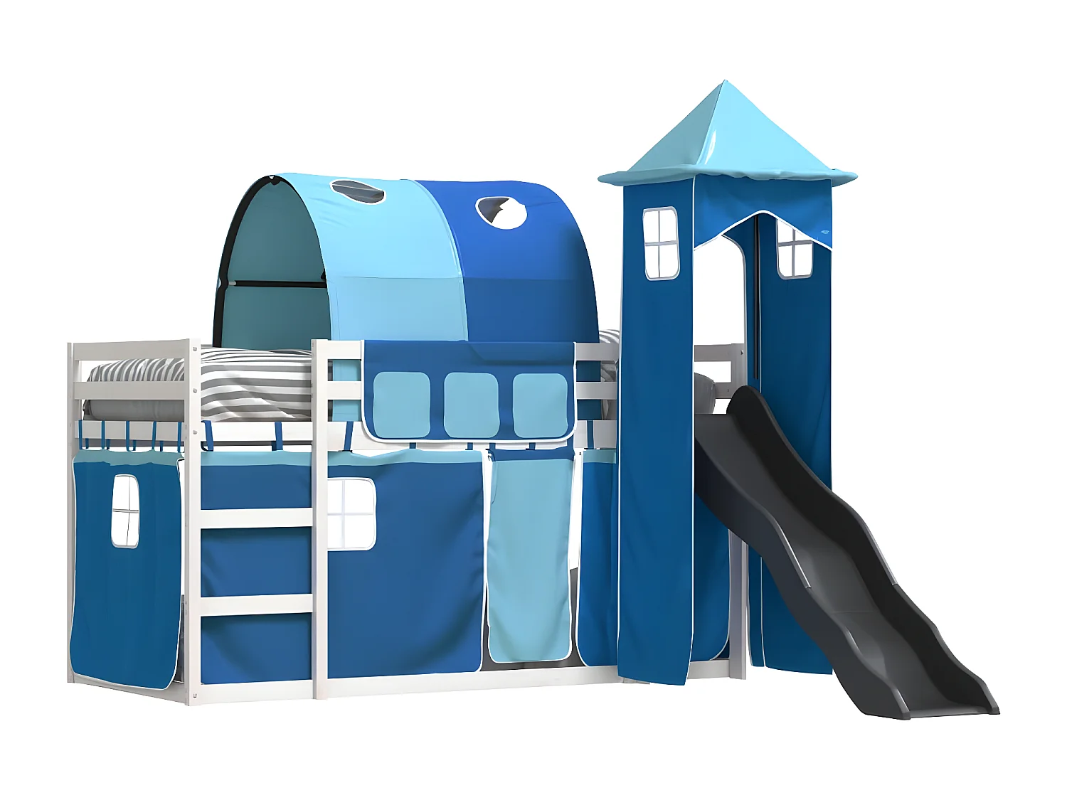 Lit superposé avec toboggan et rideaux bleu 80x200 cm