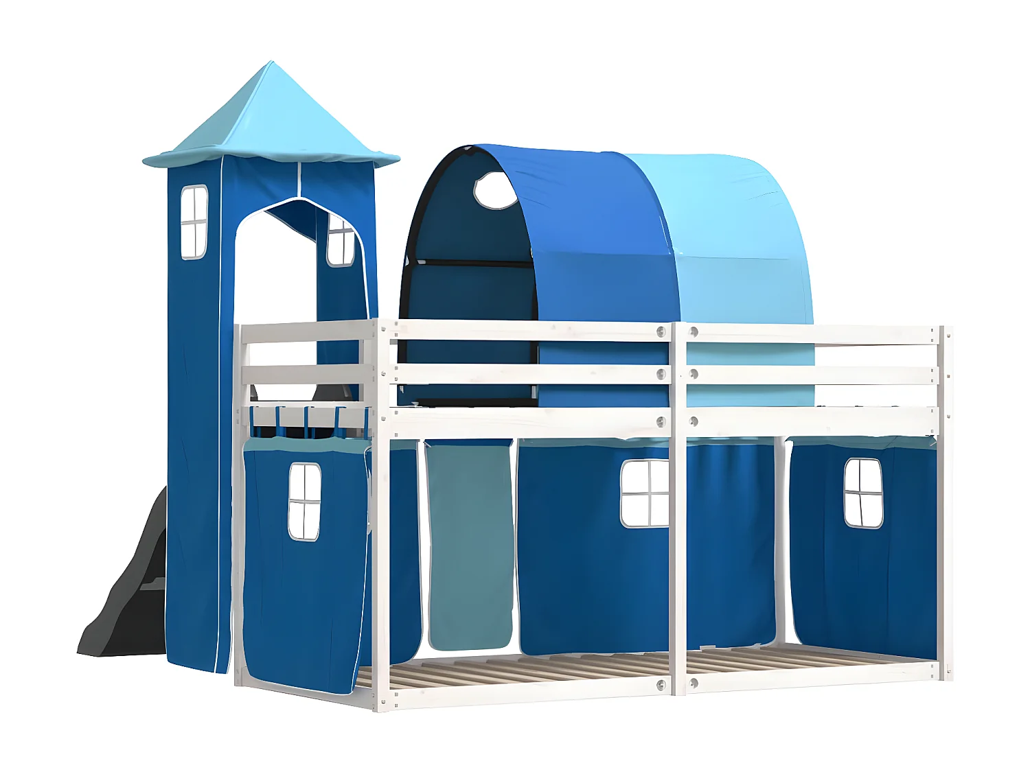 Lit superposé avec toboggan et rideaux bleu 80x200 cm