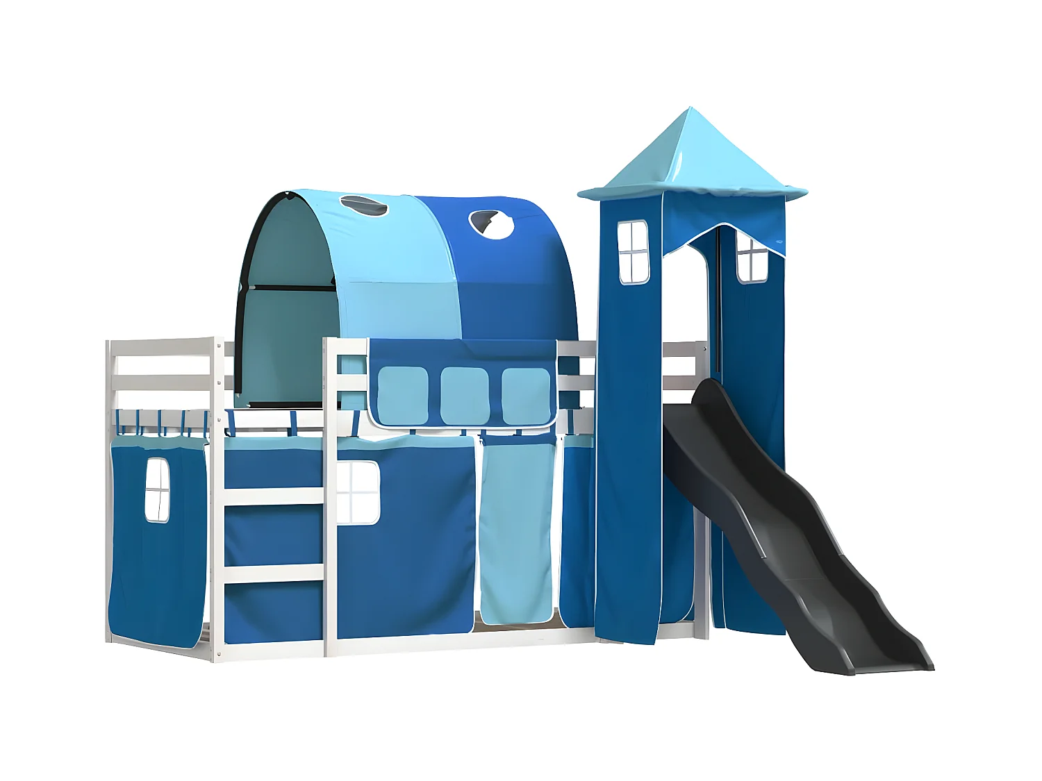 Lit superposé avec toboggan et rideaux bleu 80x200 cm