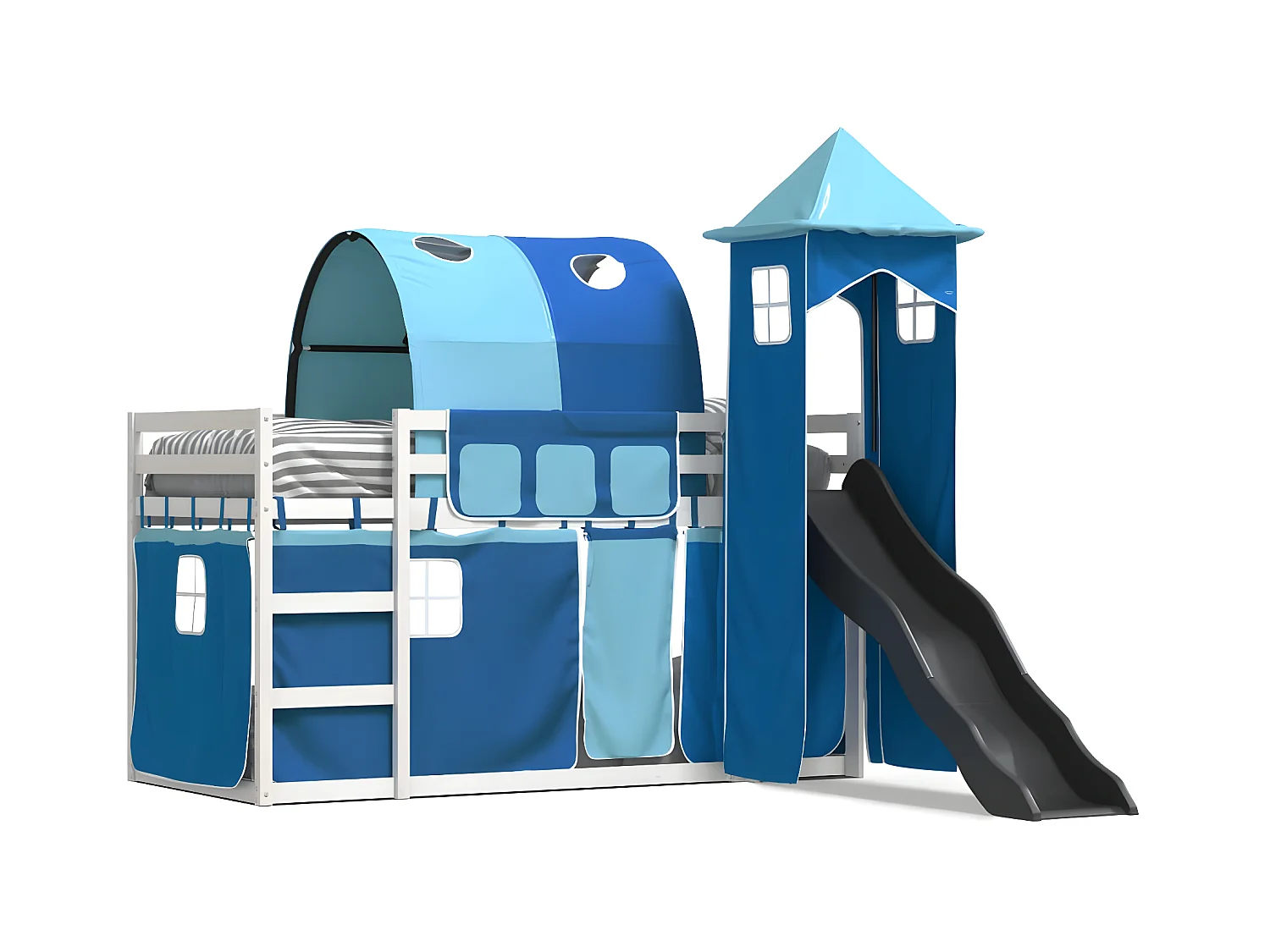 Lit superposé avec toboggan et rideaux bleu 80x200 cm