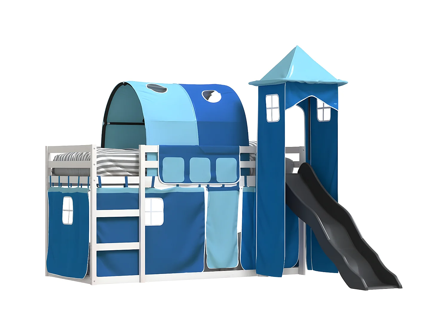 Lit superposé avec toboggan et rideaux bleu 80x200 cm