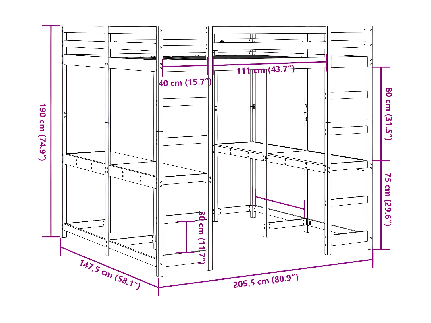 Lit superposé et bureau et échelle 140x200cm bois de pin massif