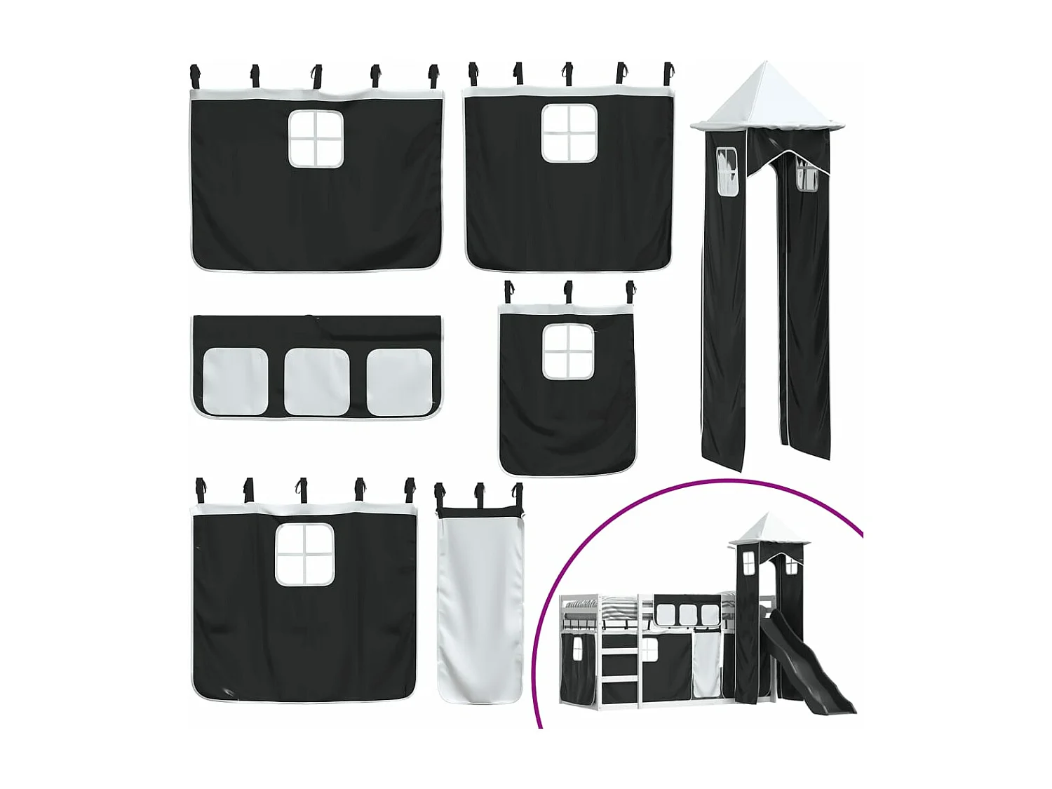 Beliche com escorrega e cortinas 80x200 cm branco e preto