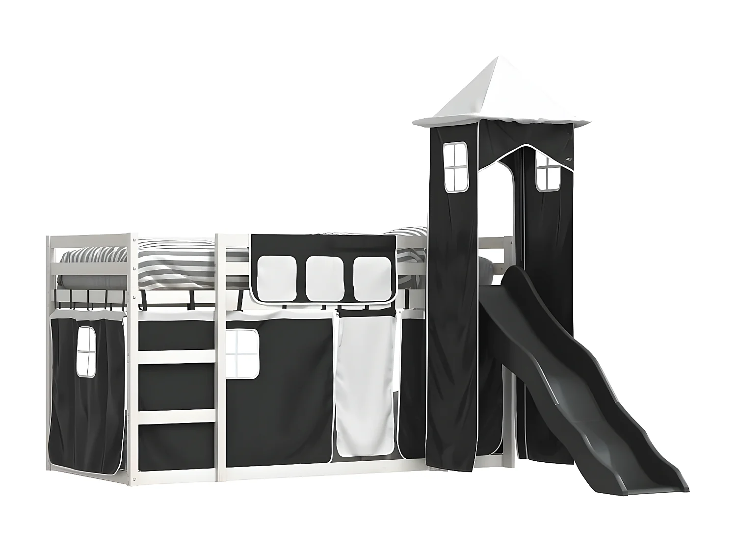 Litera con tobogán y cortinas blanco y negro 80x200 cm