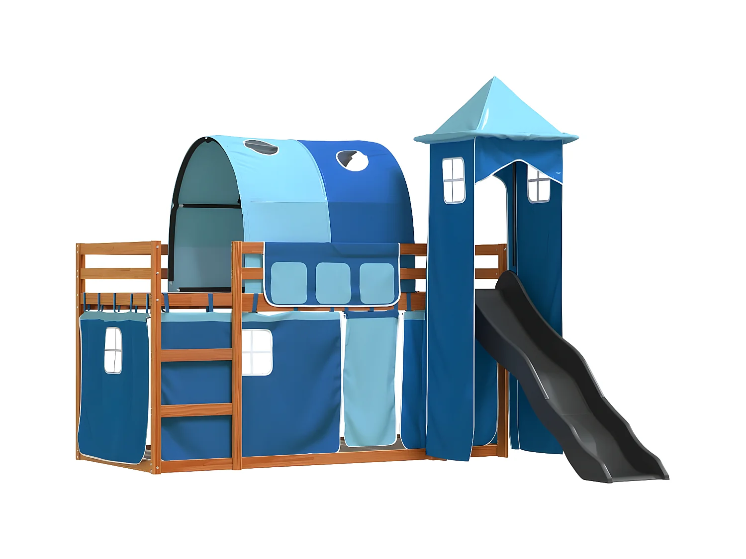 Lit superposé avec toboggan et rideaux bleu 90x200 cm