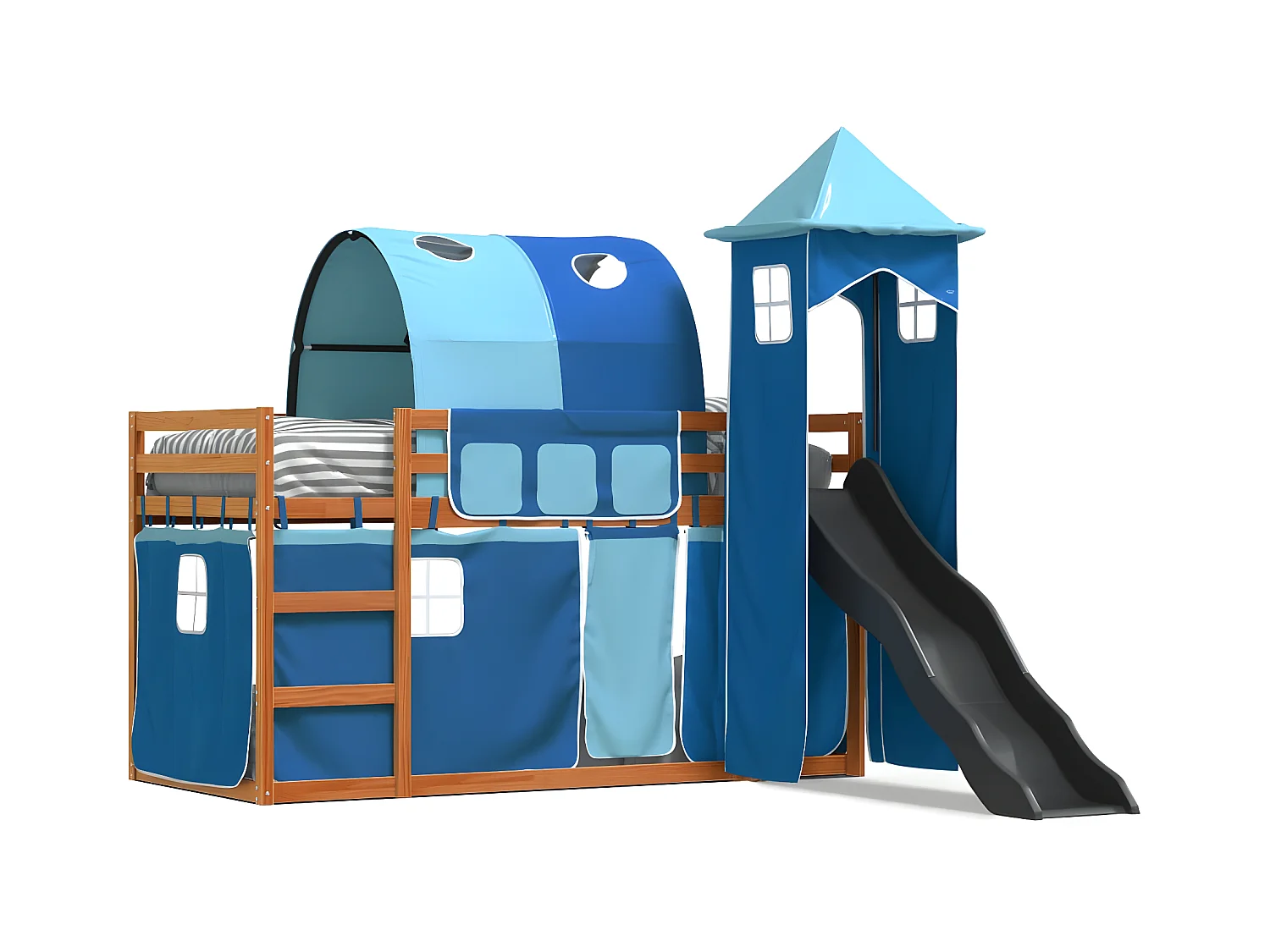 Lit superposé avec toboggan et rideaux bleu 90x200 cm