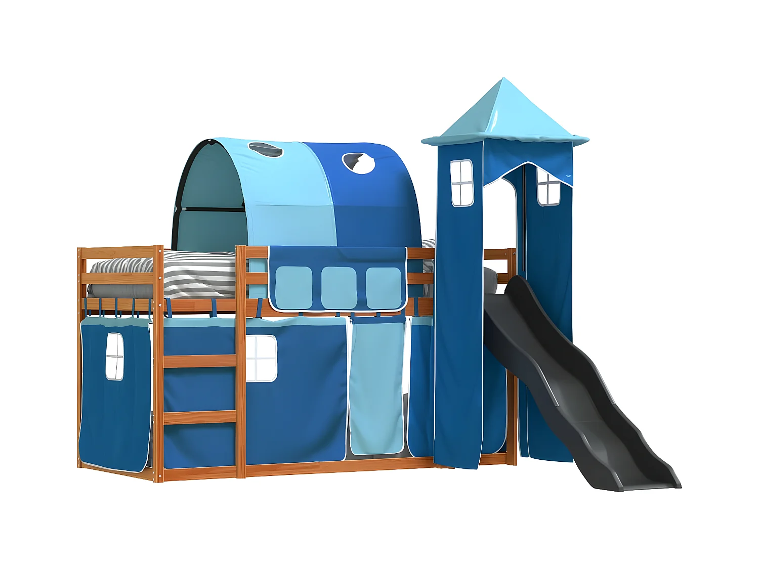Lit superposé avec toboggan et rideaux bleu 90x200 cm