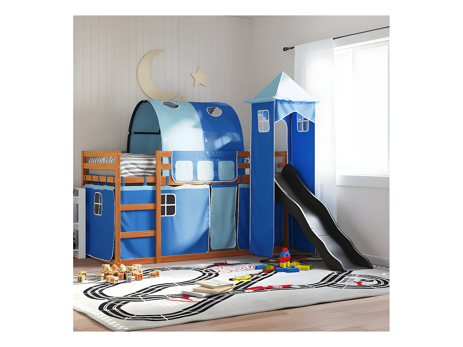 Lit superposé avec toboggan et rideaux bleu 90x200 cm