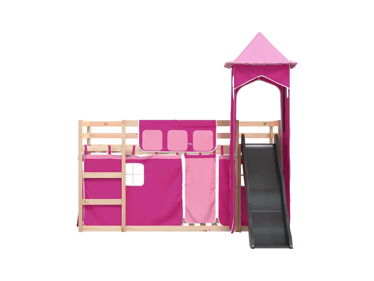 Lit superposé avec toboggan et rideaux rose 90x200 cm