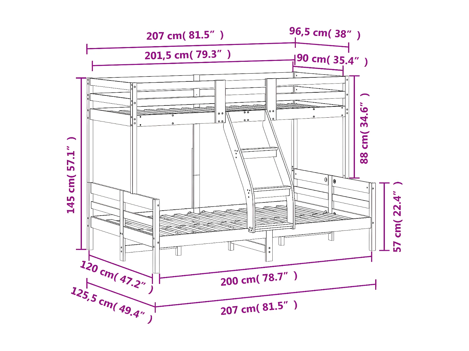 Lit superposé 90x200/120x200 cm bois de pin massif