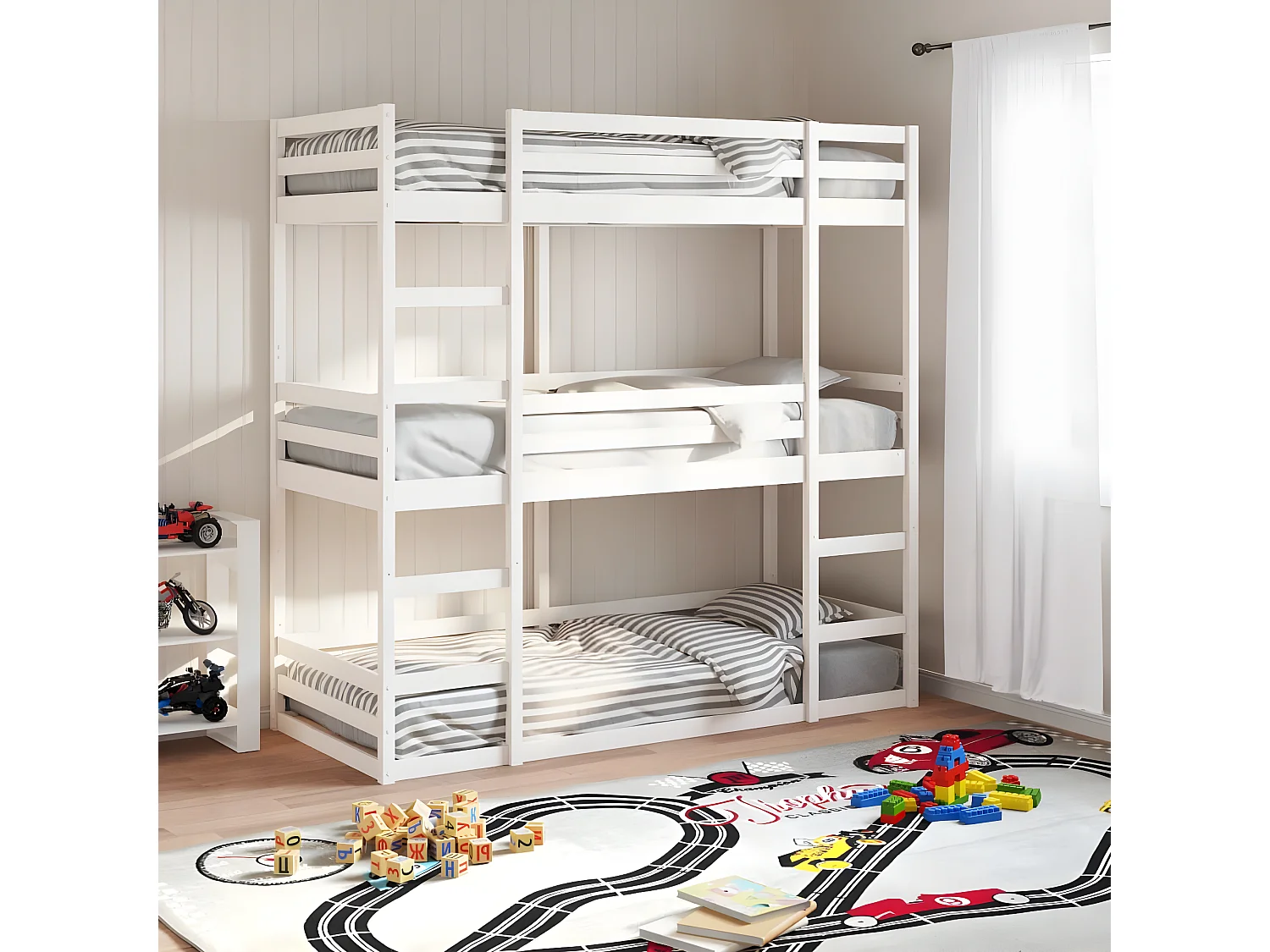 Lit superposé triple blanc 75x190 cm bois de pin massif