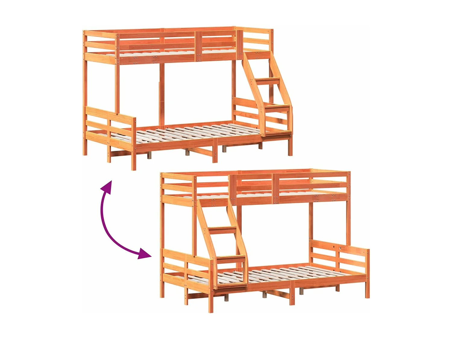 Lit superposé 90x200/120x200 cm cire marron bois de pin massif