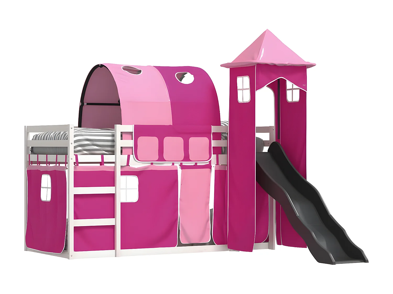 Lit superposé avec toboggan et rideaux rose 90x190 cm
