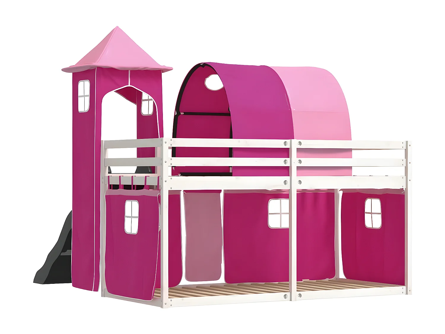Lit superposé avec toboggan et rideaux rose 90x190 cm