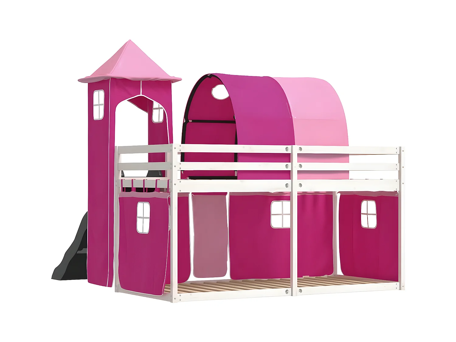 Lit superposé avec toboggan et rideaux rose 90x190 cm