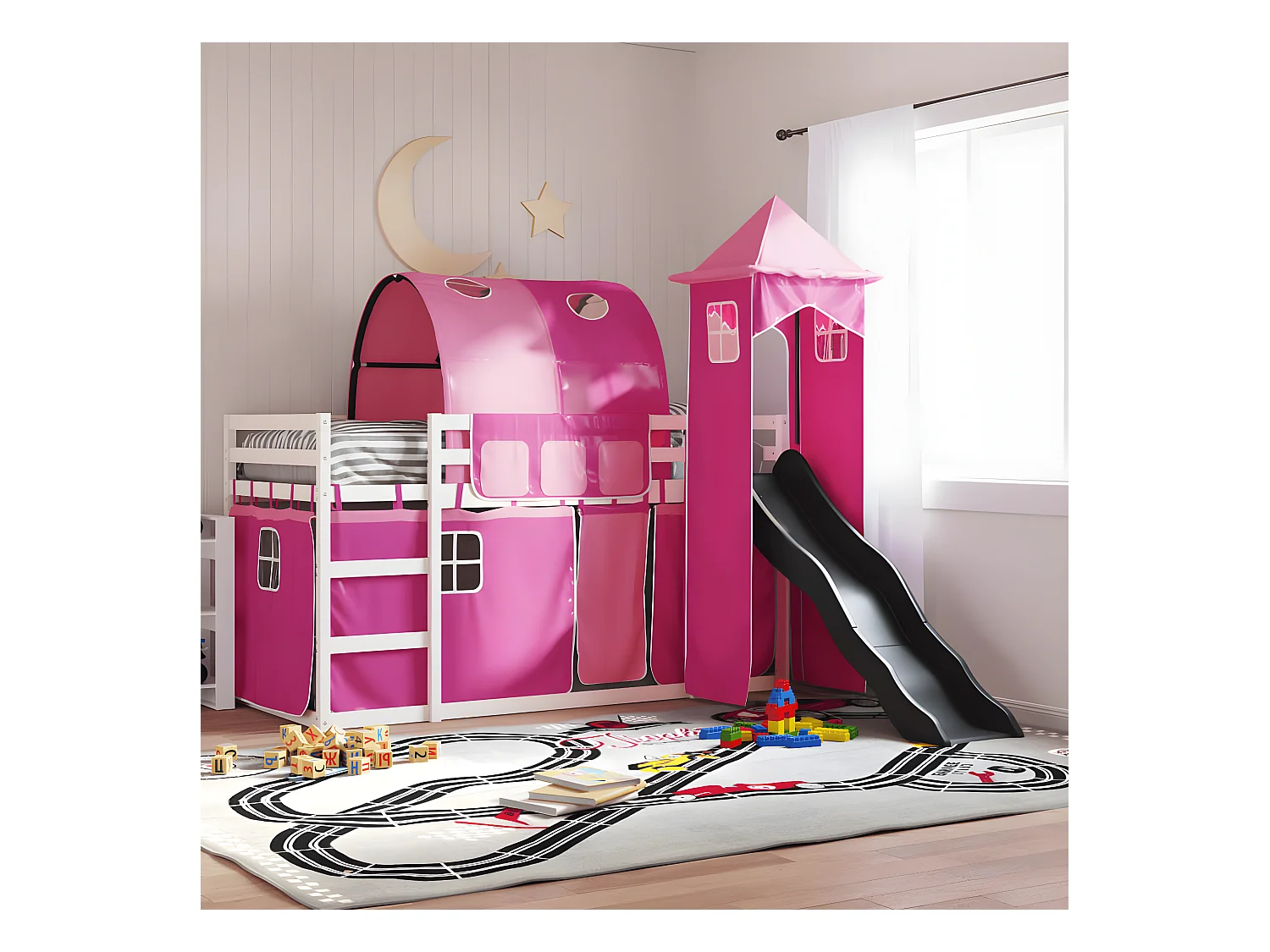 Lit superposé avec toboggan et rideaux rose 90x190 cm
