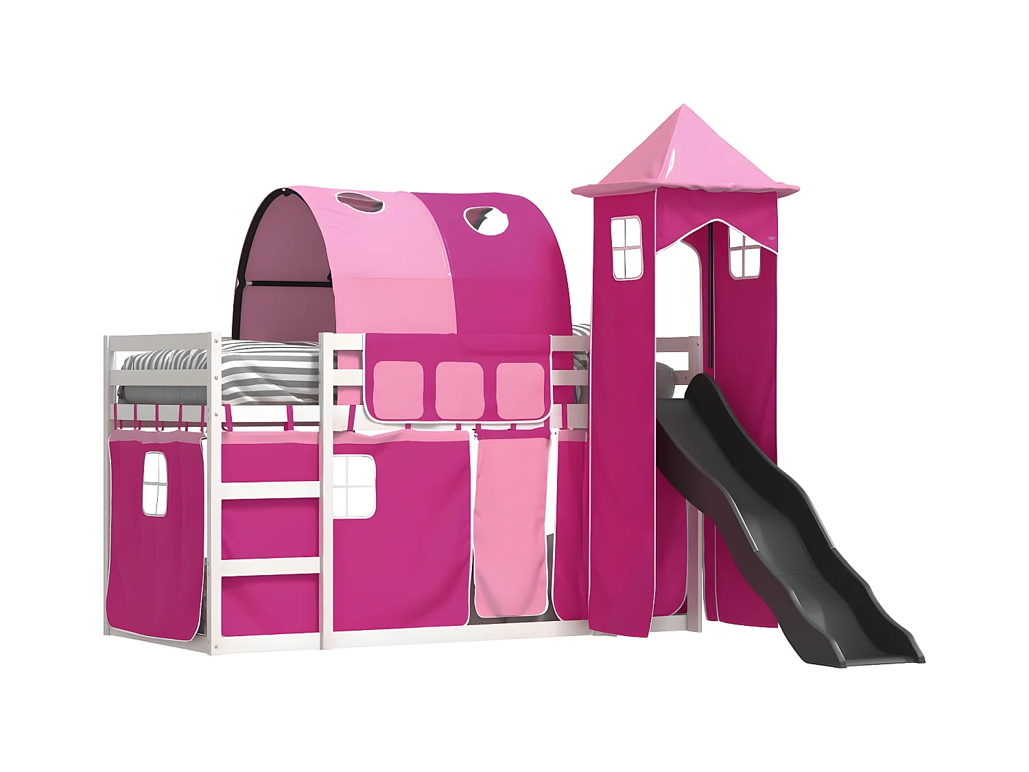 Lit superposé avec toboggan et rideaux rose 90x190 cm