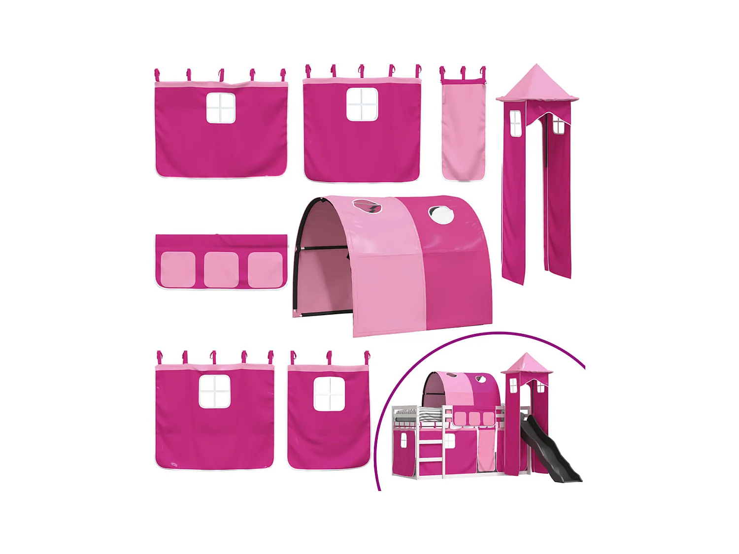 Lit superposé avec toboggan et rideaux rose 90x190 cm
