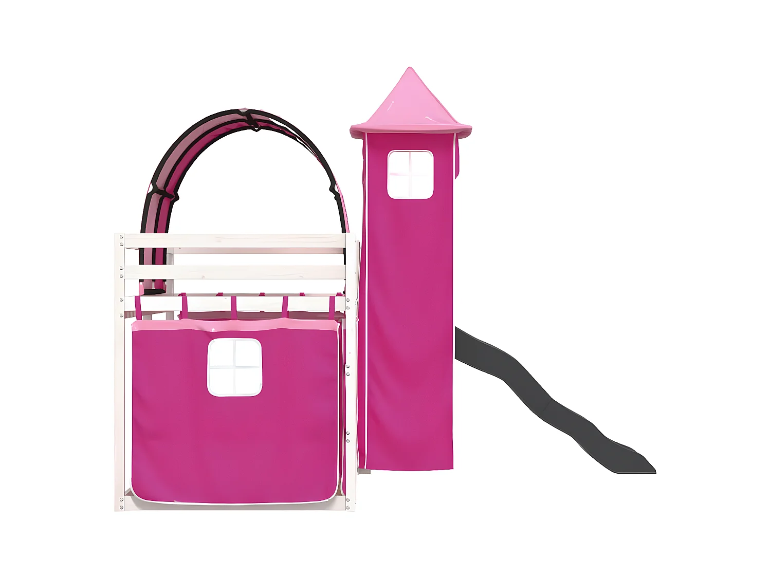 Lit superposé avec toboggan et rideaux rose 90x190 cm