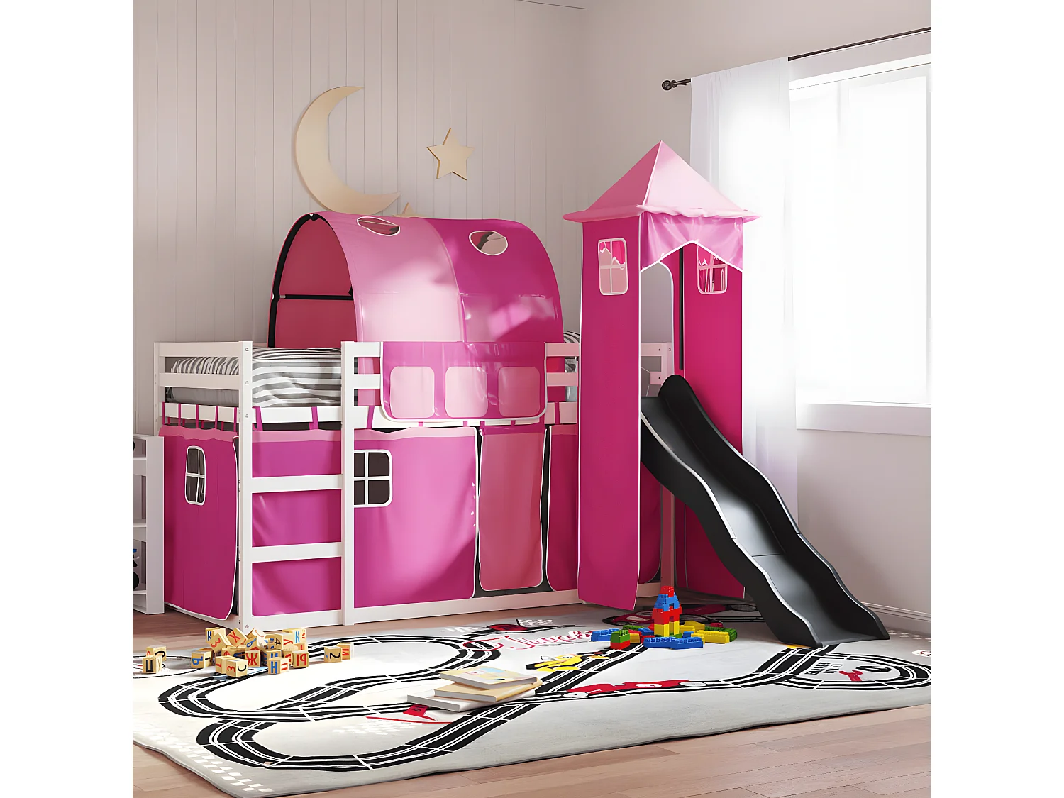 Beliche com escorrega e cortinas 90x190 cm rosa