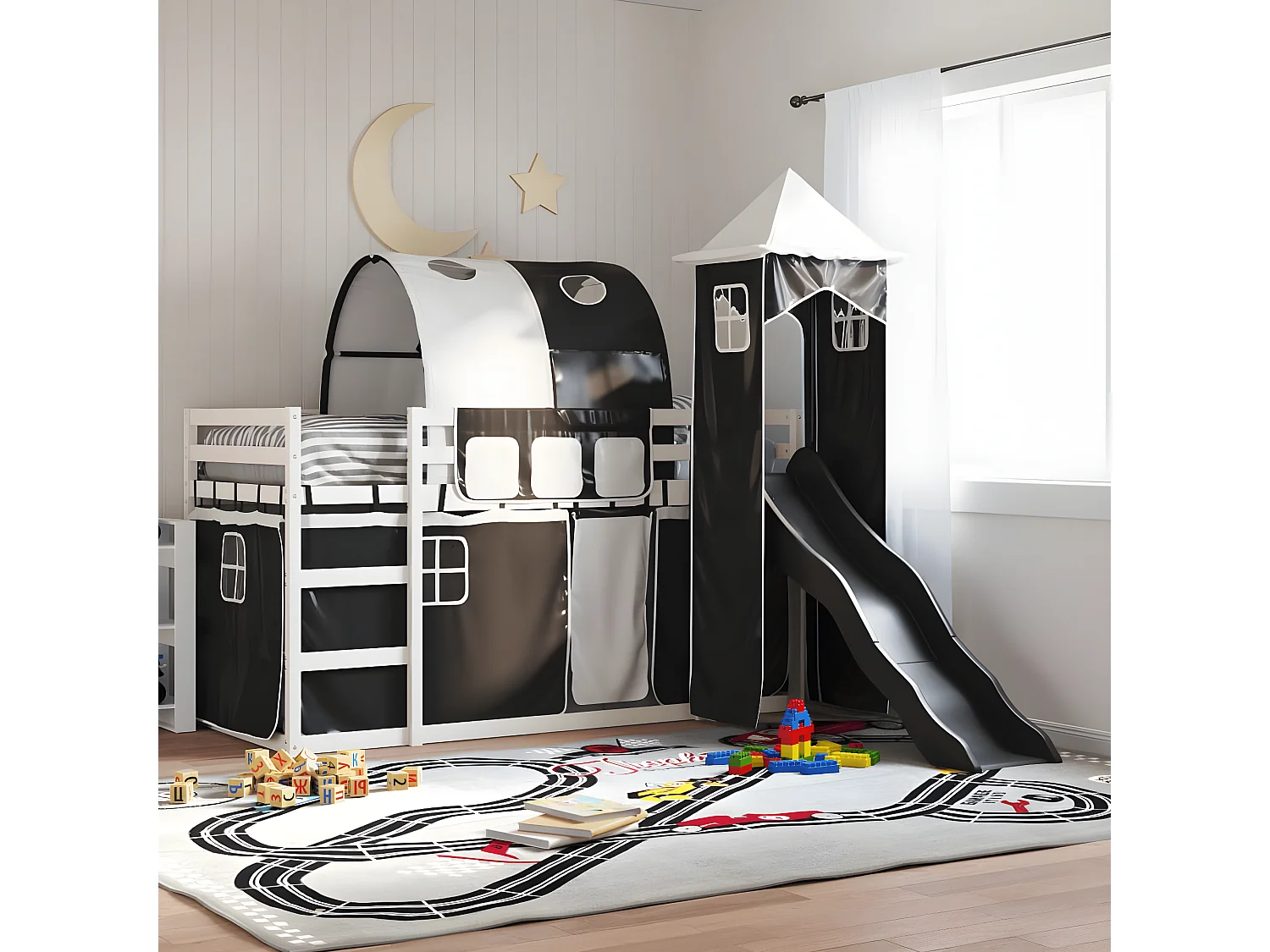 Lit superposé avec toboggan et rideaux blanc et noir 90x190 cm